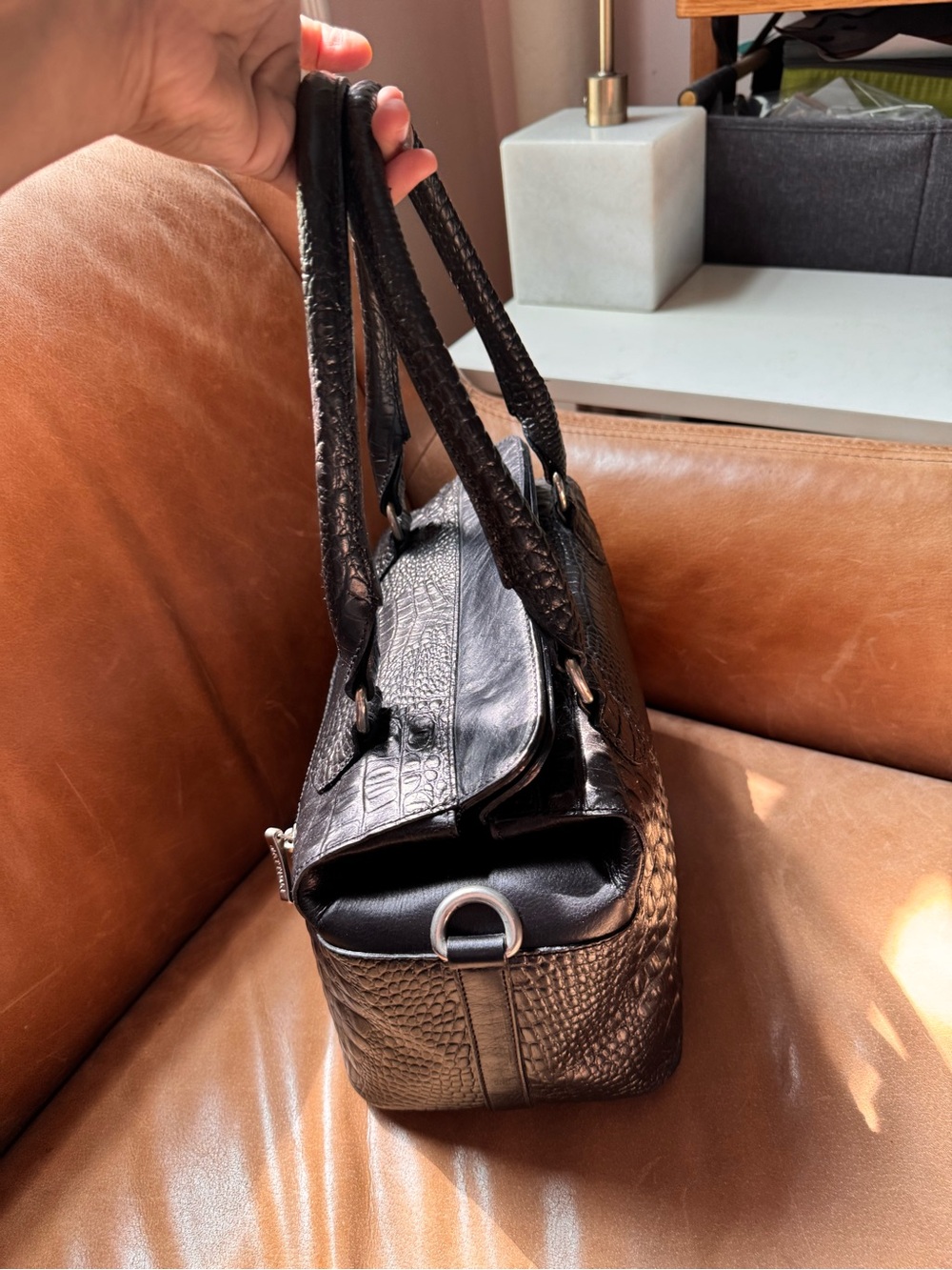 Italian croc embossed leather Classic Structured Tote hardware buckle silver - Picture 9 of 16